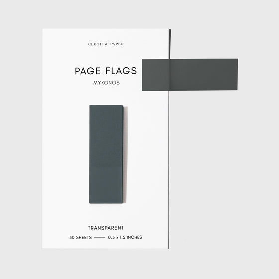 Page flags on their backing with one flag removed and attached to the backing to show its transparency. Color shown is Mykonos.