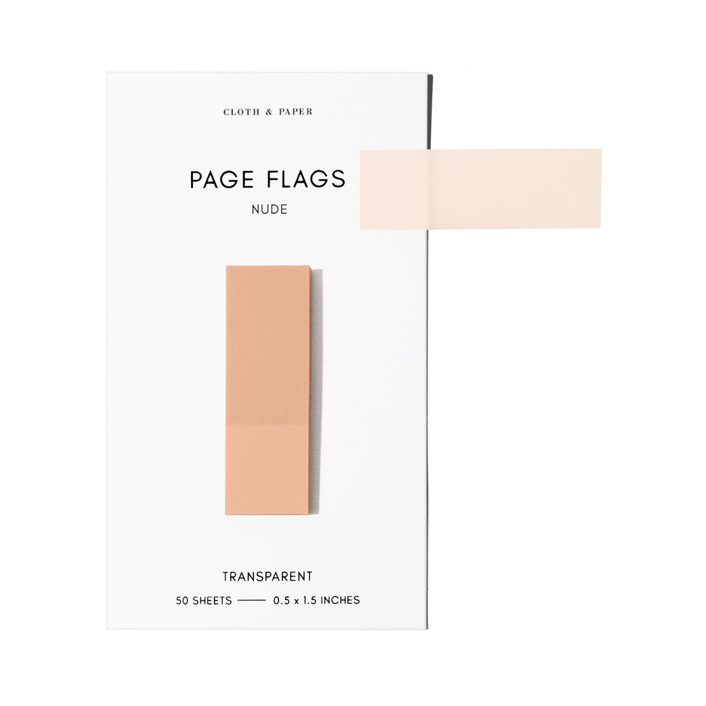 Page flags on their backing with one flag removed and attached to the backing to show its transparency. Color shown is Nude.