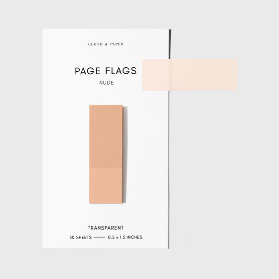 Page flags on their backing with one flag removed and attached to the backing to show its transparency. Color shown is Nude.