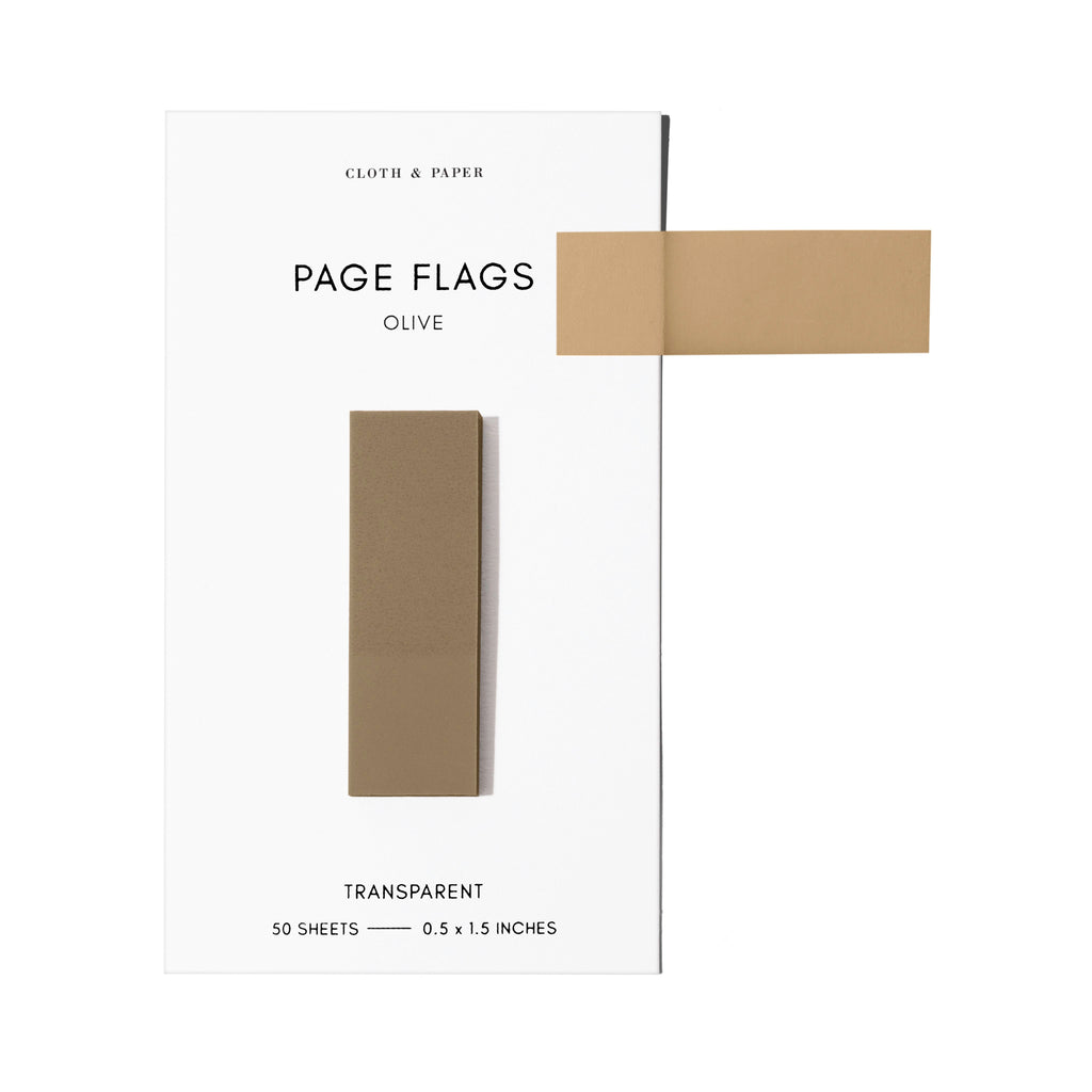 Page flags on their backing with one flag removed and attached to the backing to show its transparency. Color shown is Olive.