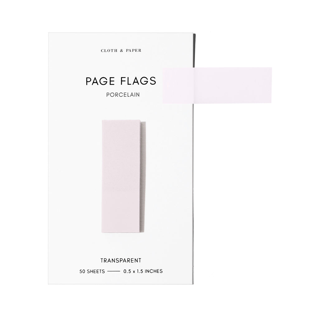 Page flags on their backing with one flag removed and attached to the backing to show its transparency. Color shown is Porcelain.