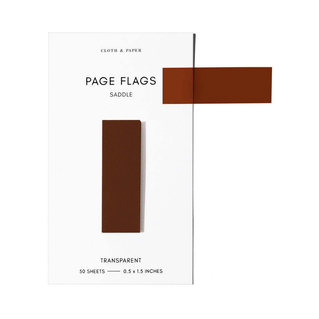 Page flags on their backing with one flag removed and attached to the backing to show its transparency. Color shown is Saddle.