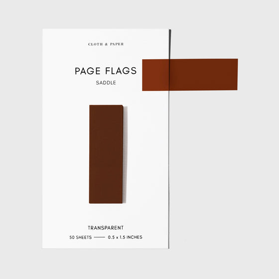 Page flags on their backing with one flag removed and attached to the backing to show its transparency. Color shown is Saddle.