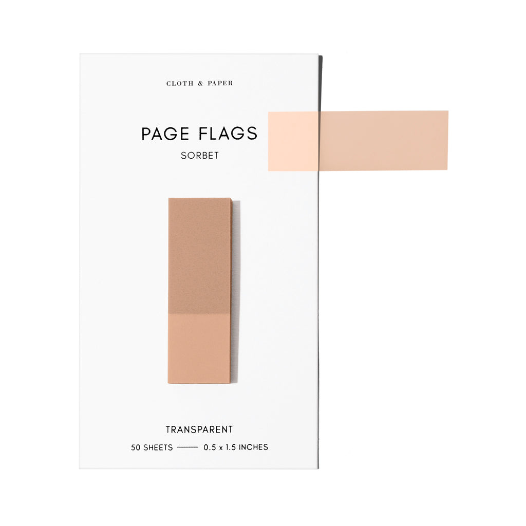 Page flags on their backing with one flag removed and attached to the backing to show its transparency. Color shown is Sorbet.