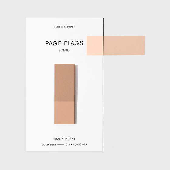 Page flags on their backing with one flag removed and attached to the backing to show its transparency. Color shown is Sorbet.