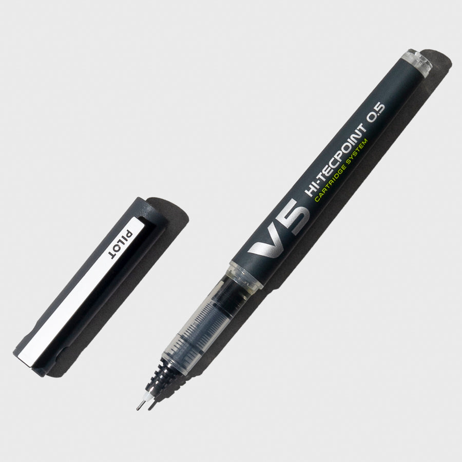 Image shows a black gel pen with the cap removed.