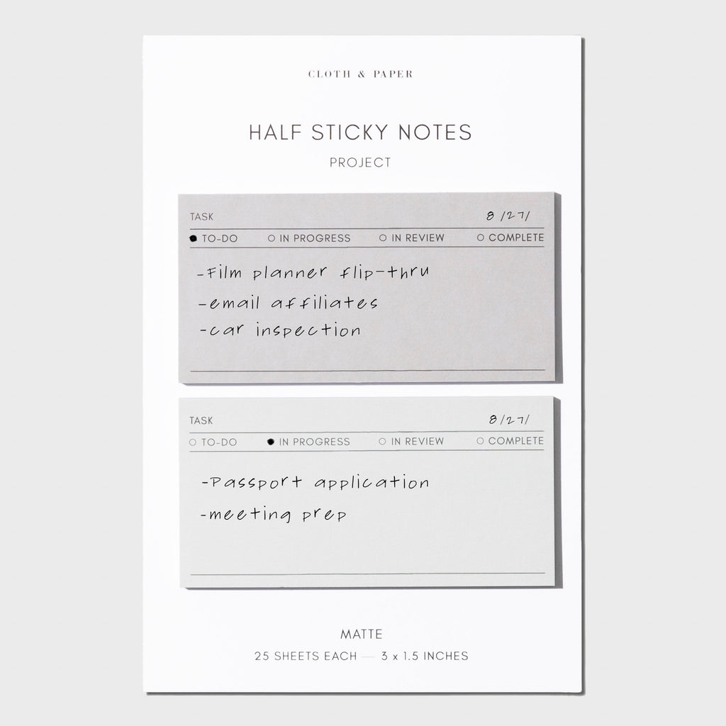 Sticky notes shown on their backing on a neutral background. The top sticky note is filled out with tasks to do, and the bottom sticky note is filled out with in progress tasks.