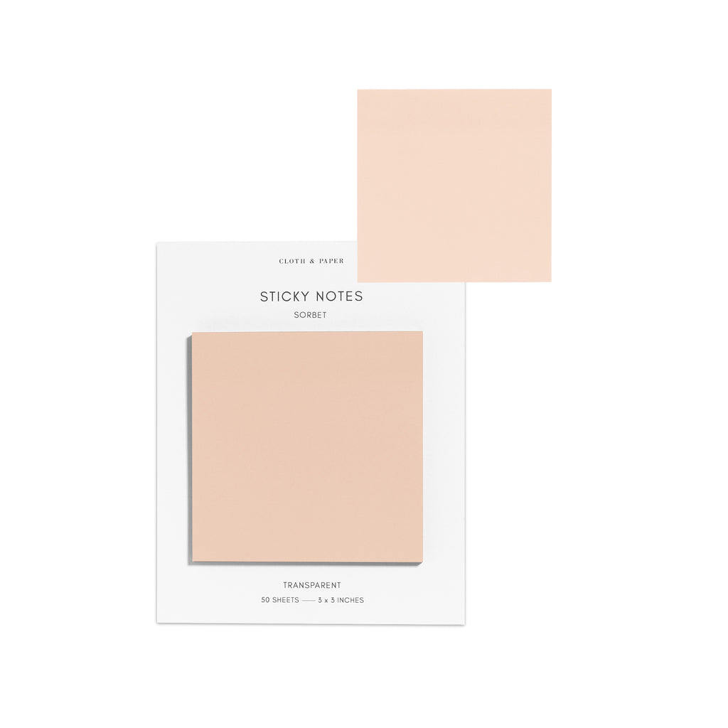 Sticky notes on their backing displayed on a white background. One sticky note is displayed on the corner of the backing to show its transparency. Color pictured is Sorbet.