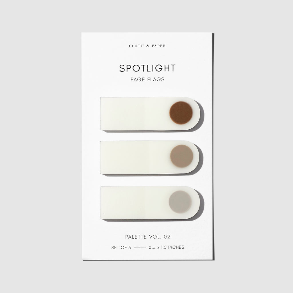 Spotlight Page Flag Set, Palette Vol. 02, Saddle, Moscow, and Crepe, Cloth and Paper. Set of spotlight page flags against a white background.