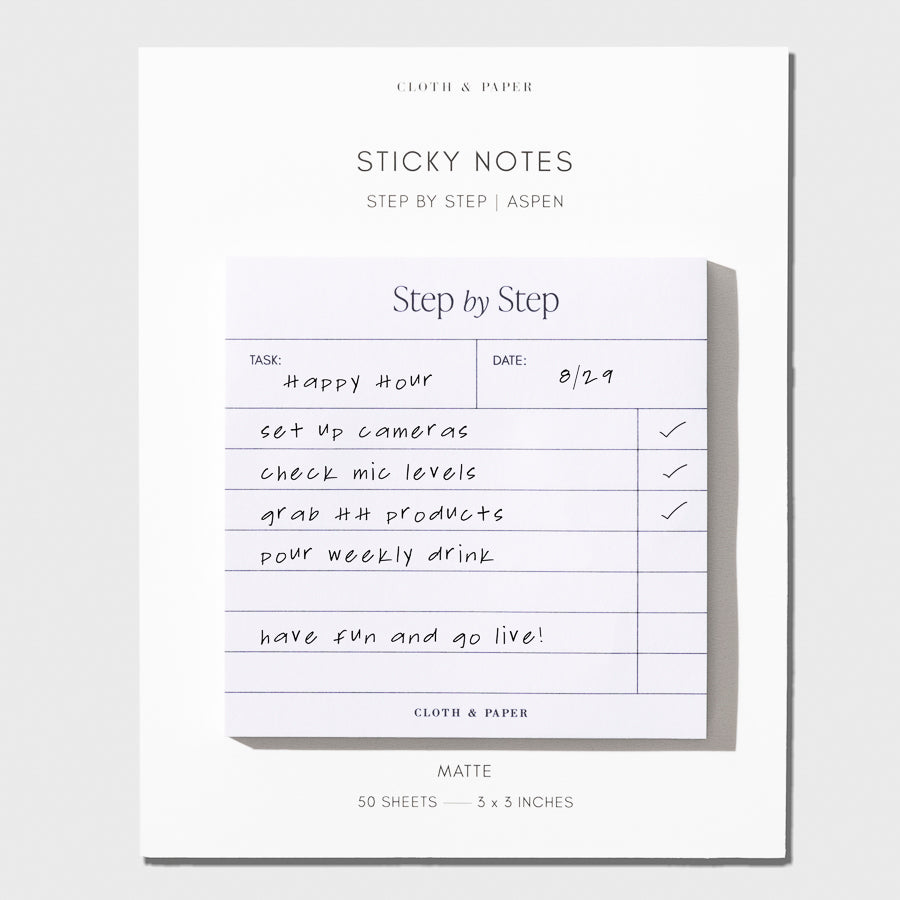 Sticky note displayed on its backing on a neutral background. It is filled out with a checklist.