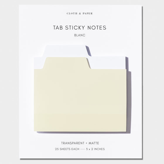 Blank Tab Sticky Note Set, Blanc, Cloth and Paper. Sticky note set displayed against a white background. The matte sticky note pad is attached to the sticky note backing, while the transparent sticky note pad is layered on top of it, turned slightly to the right.