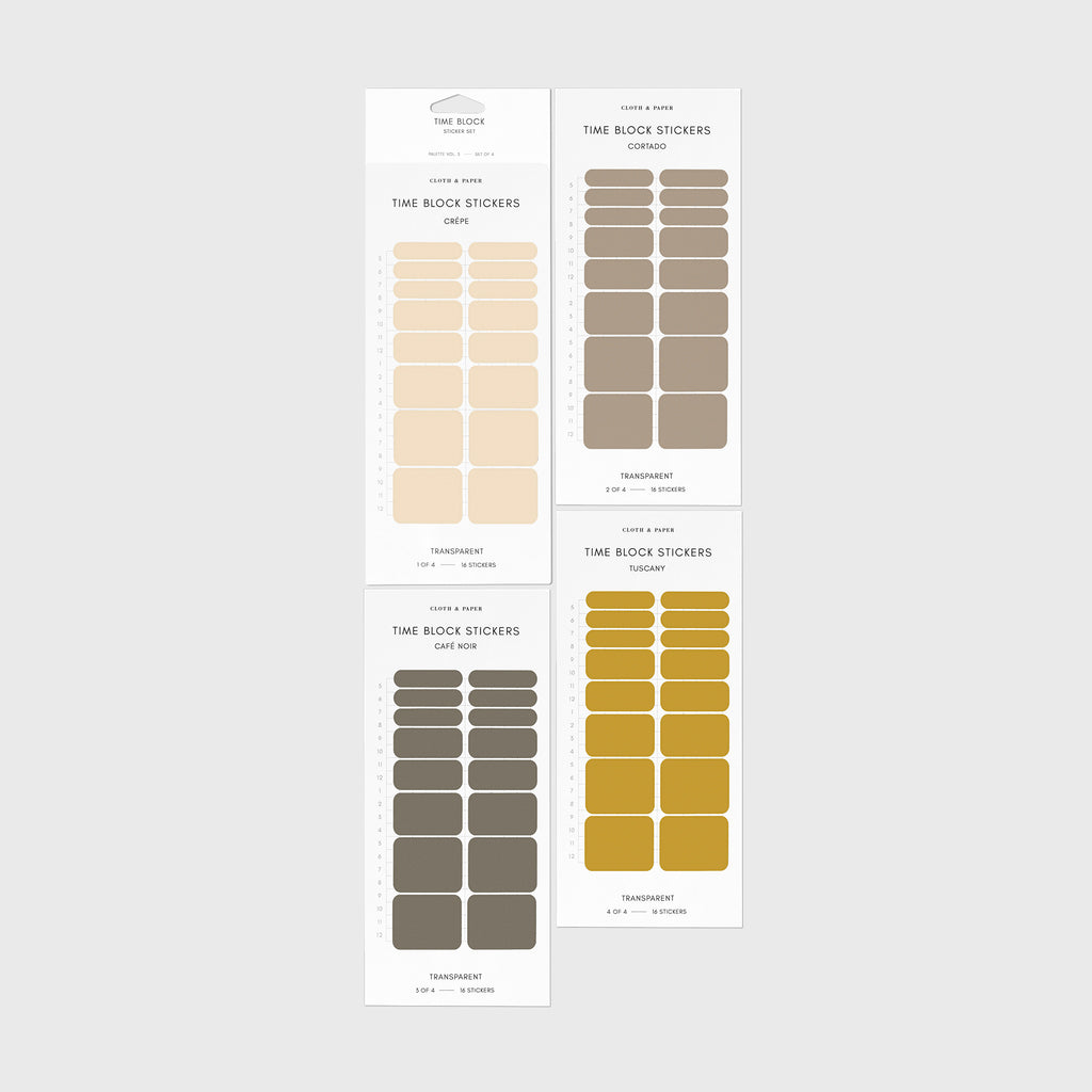 Time Block Sticker Set, Vol 3. Four colors of time block stickers - a pale peach, light brown, dark brownish grey, and dark yellow - are arranged together on a white background.