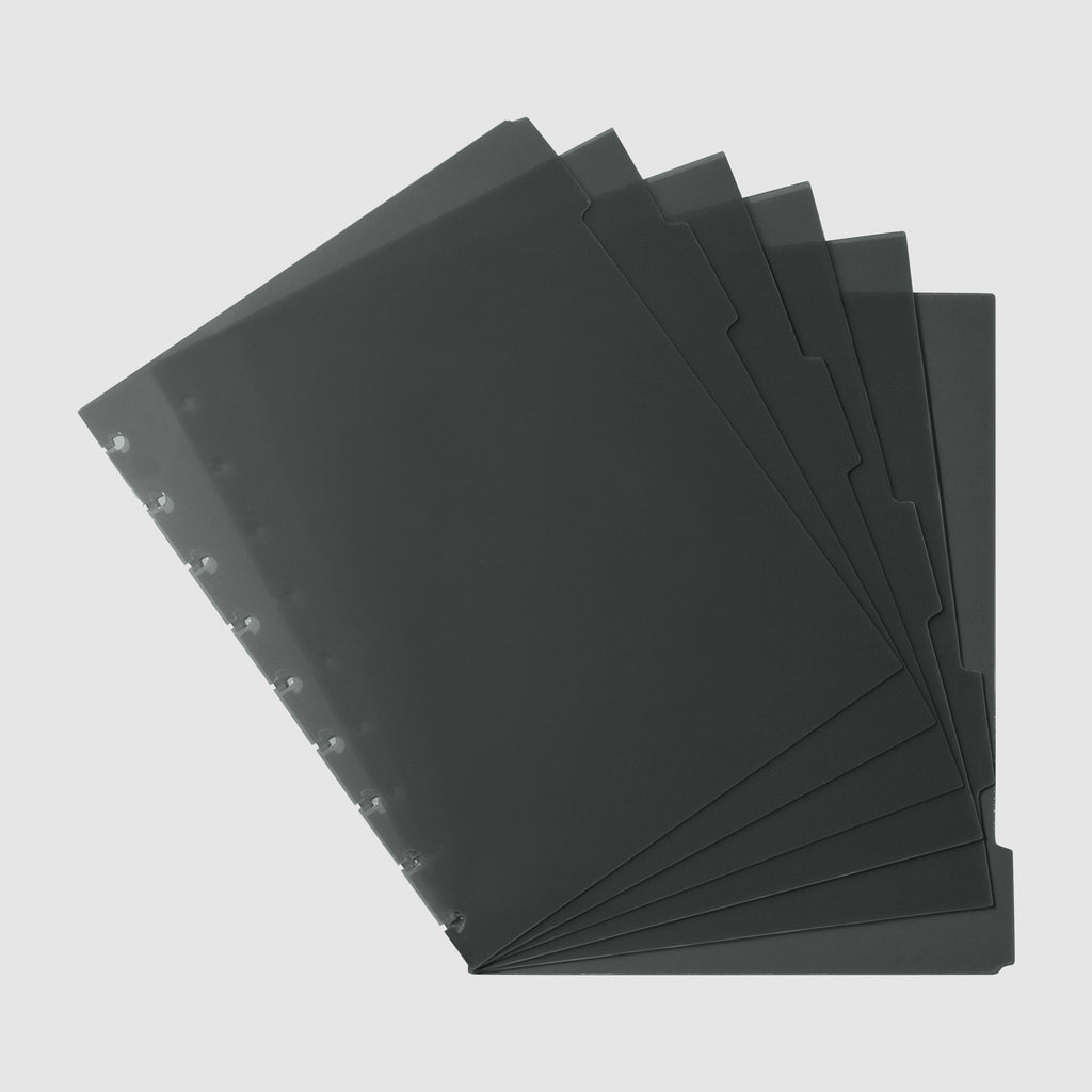 Six tinted gray dividers fanned out on top of one another displayed on a light gray background. Pictured size is HP Classic