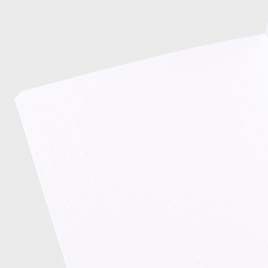 Close up image of the top left corner of the dot grid notebook page. The page is turned on a left angle and is displayed on a light gray background