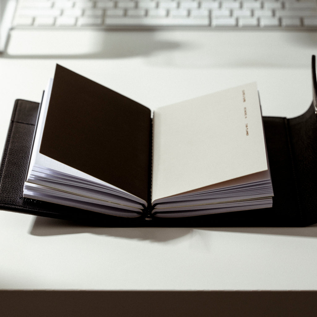 Traveler's Notebook Set resting on a desk with the cover open, showing the notebooks displayed inside