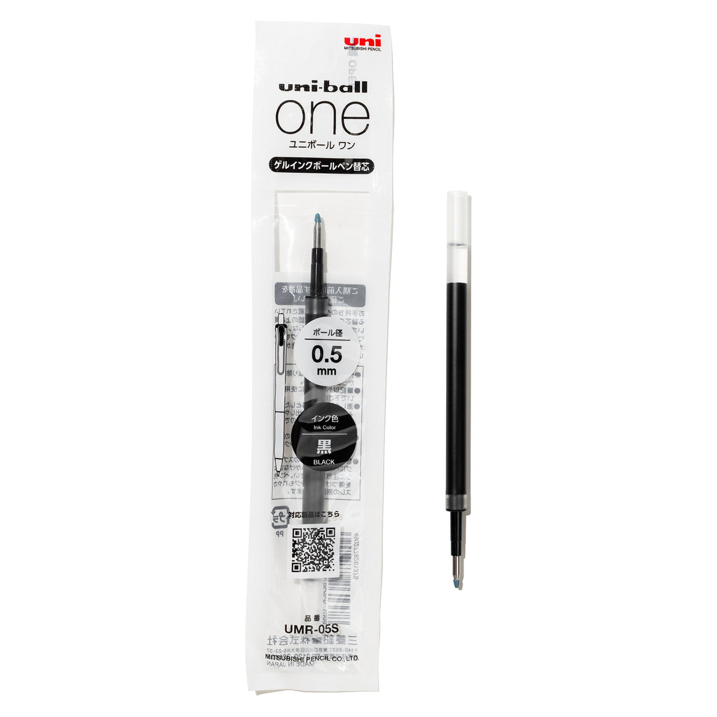 Uni-Ball One Refill, 0.5 mm, black ink. Ink refill in its packaging.