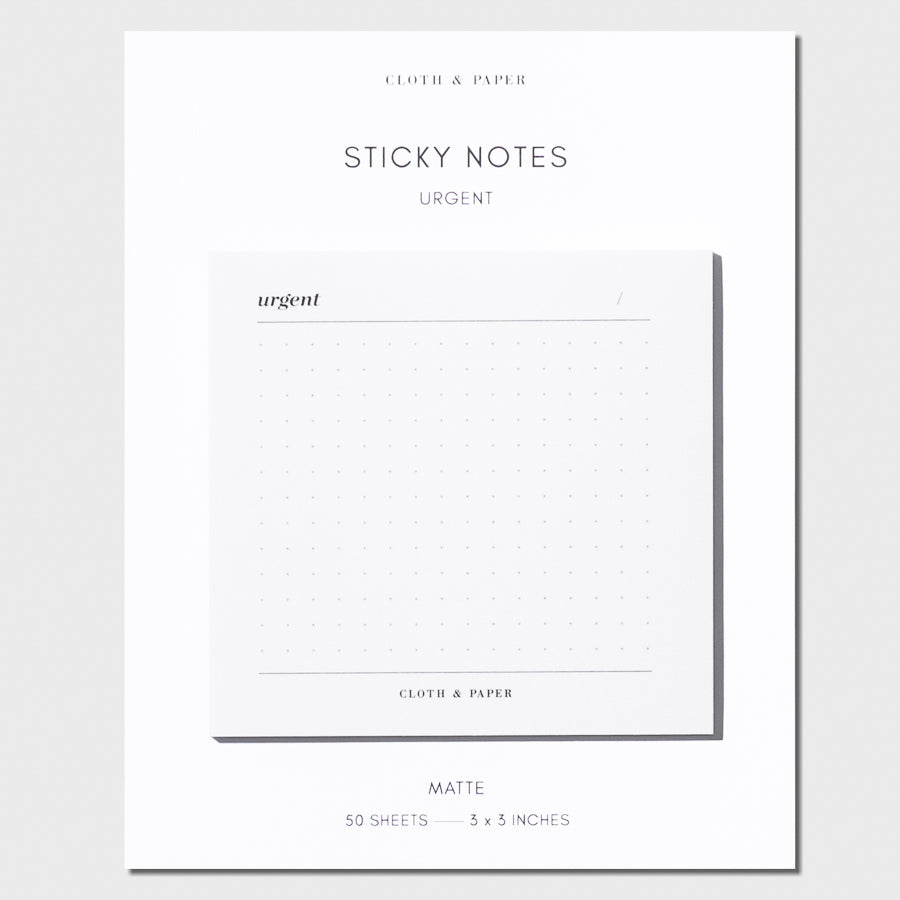 Urgent Sticky Notes, Refreshed Design, Cloth and Paper. Sticky notes on their backing against a white background.