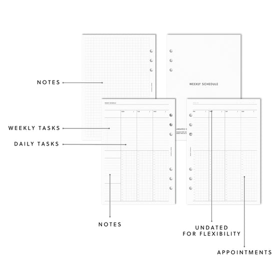 Digital mockup of the Weekly Schedule Insert with annotations of the following features: Notes, Weekly Tasks, Daily Tasks, Notes, Undated For Flexibility, Appointments.