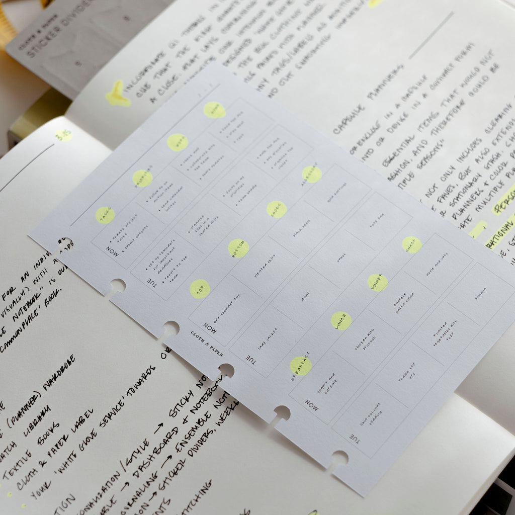 An example of the Weekly Block Planner Insert sitting on an opened Ensemble Notebook | A5.