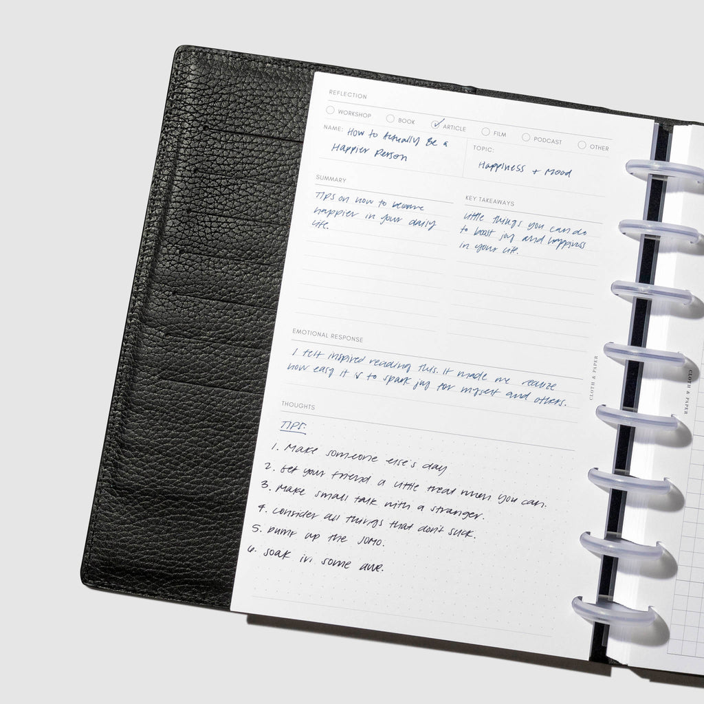 Insert in use inside a discbound planner system. Size shown is Half Letter.