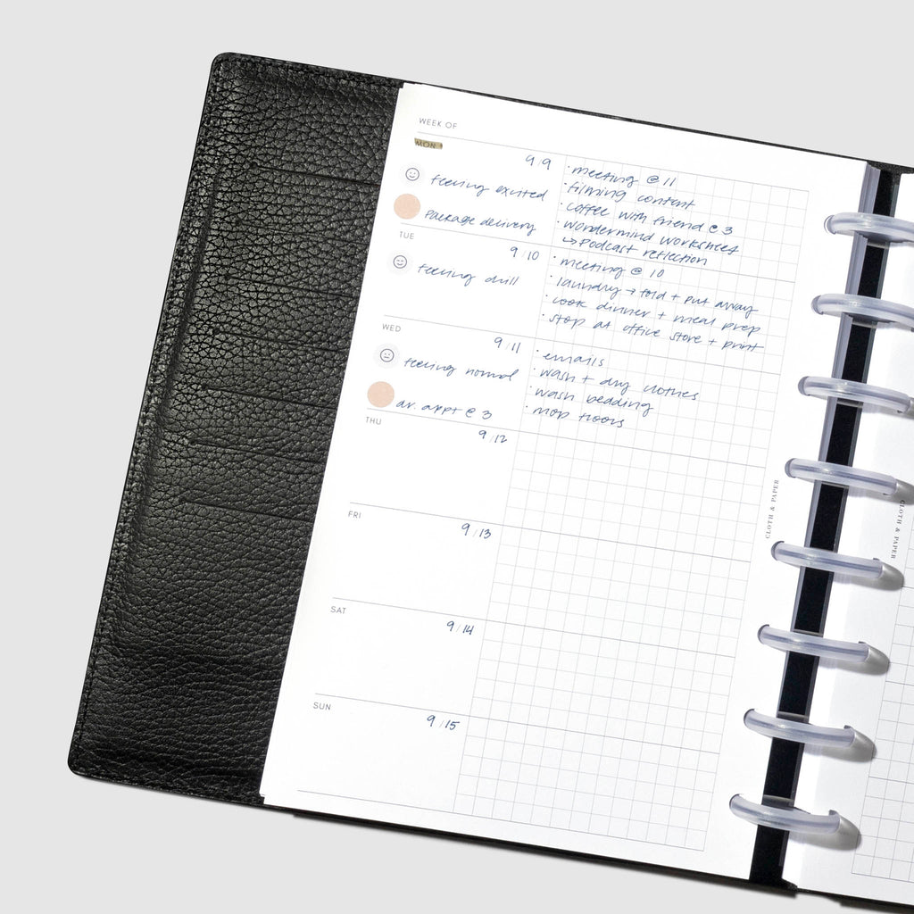 Insert in use inside a discbound planner system. Size shown is Half Letter.