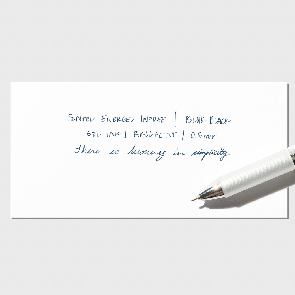 Pentel Energel Infree pen testing sheet shown on a neutral background.