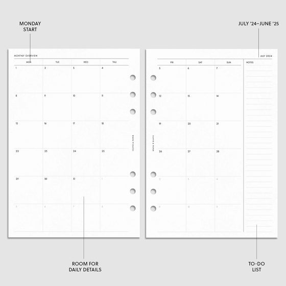 Digital mockup of the 2024-2025 Dated Academic Planner Inserts showing the monthly calendar spread. The features of the insert are highlighted with arrows pointing to them. Size shown is A5.