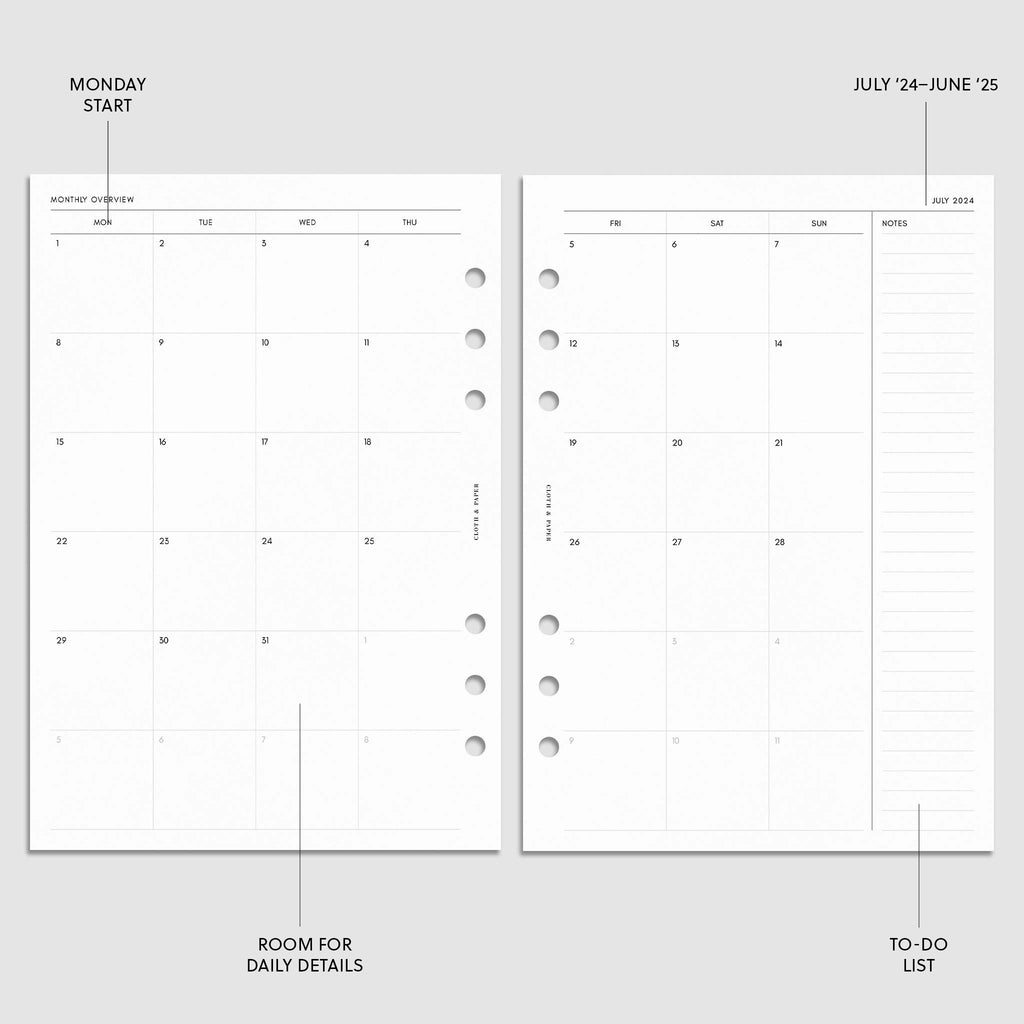Digital mockup of the 2024-2025 Dated Academic Planner Inserts showing the monthly calendar spread. The features of the insert are highlighted with arrows pointing to them. Size shown is A5.