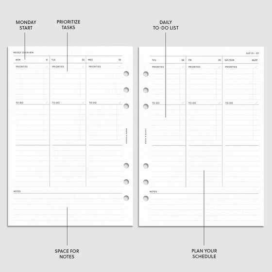 Digital mockup of the 2024-2025 Dated Academic Planner Inserts showing the weekly overview with sections for the priorities, the daily to-do list, the schedule, and lined notes. The features of the insert are highlighted with arrows pointing to them. Size shown is A5.