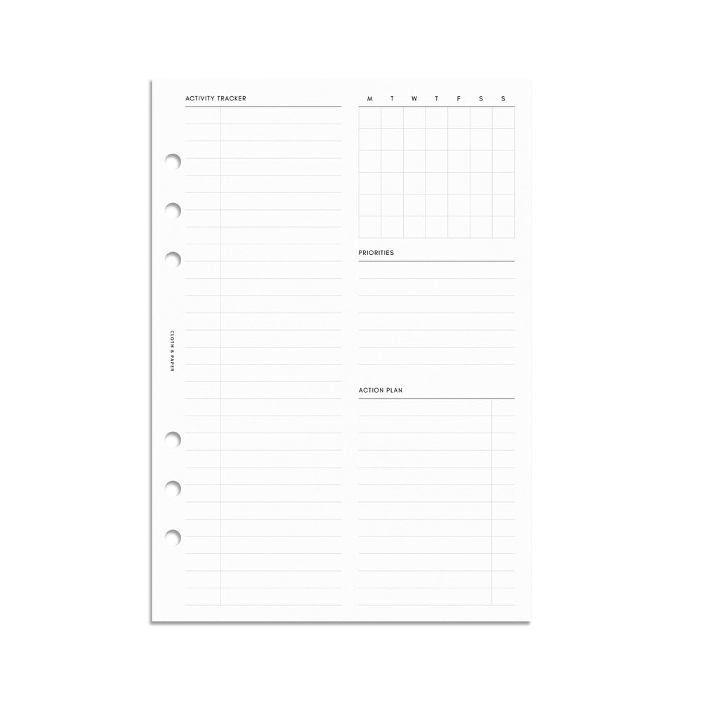 Activity Tracker Planner Insert, A5, Cloth and Paper. Digital mockup of insert in A5. 