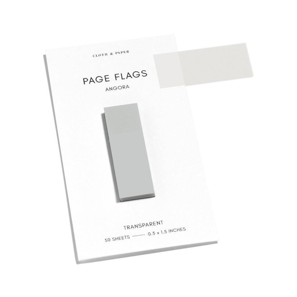 Page flags on their backing with one flag removed and attached to the backing to show its transparency. Color shown is Angora. 