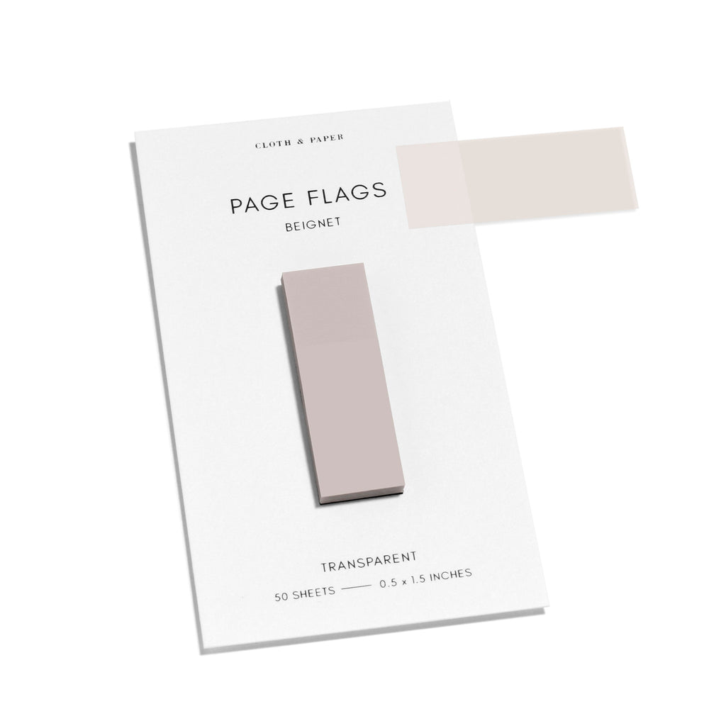 Page flags on their backing with one flag removed and attached to the backing to show its transparency. Color shown is Beignet. 