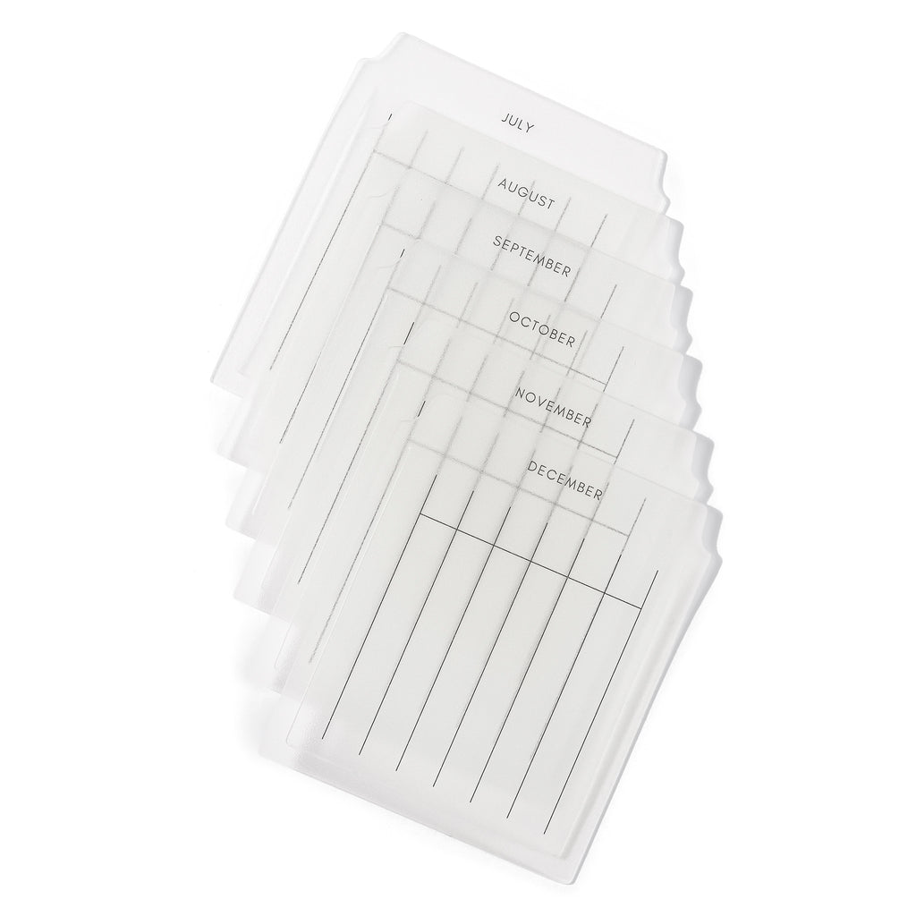 Set of 6 monthly index tabs displayed on a white background. Style is monthly, tabs shown are July through December.