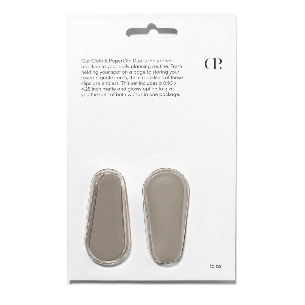 Cloth and Paperclip Duo, Ibiza. Clips in their packaging displayed on a white background.