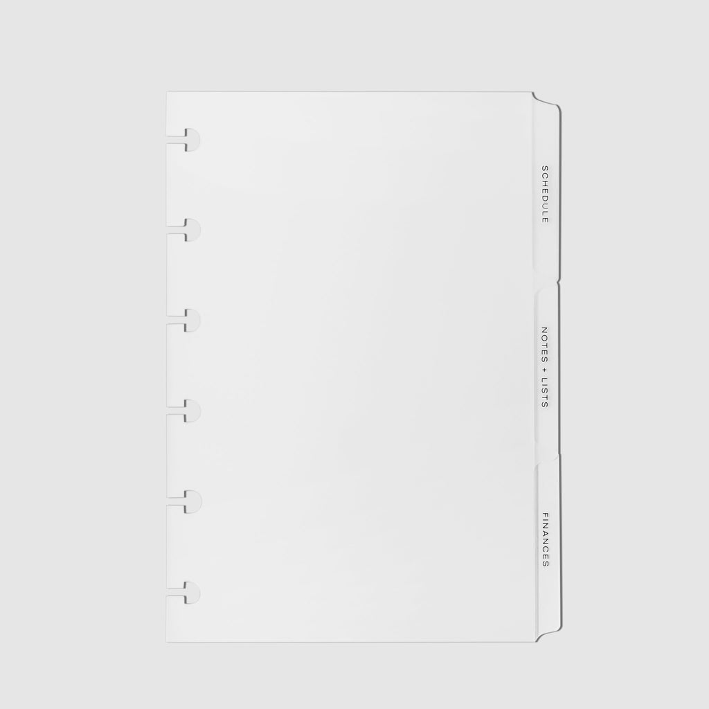 The Essentials Side Tab Planner Dividers, Low Profile, Matte, Cloth and Paper. Black tab dividers displayed on a white background.