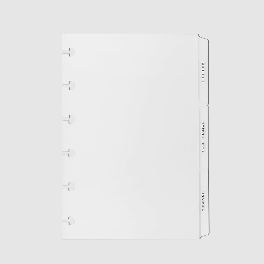 The Essentials Side Tab Planner Dividers, Low Profile, Matte, Cloth and Paper. Black tab dividers displayed on a white background.