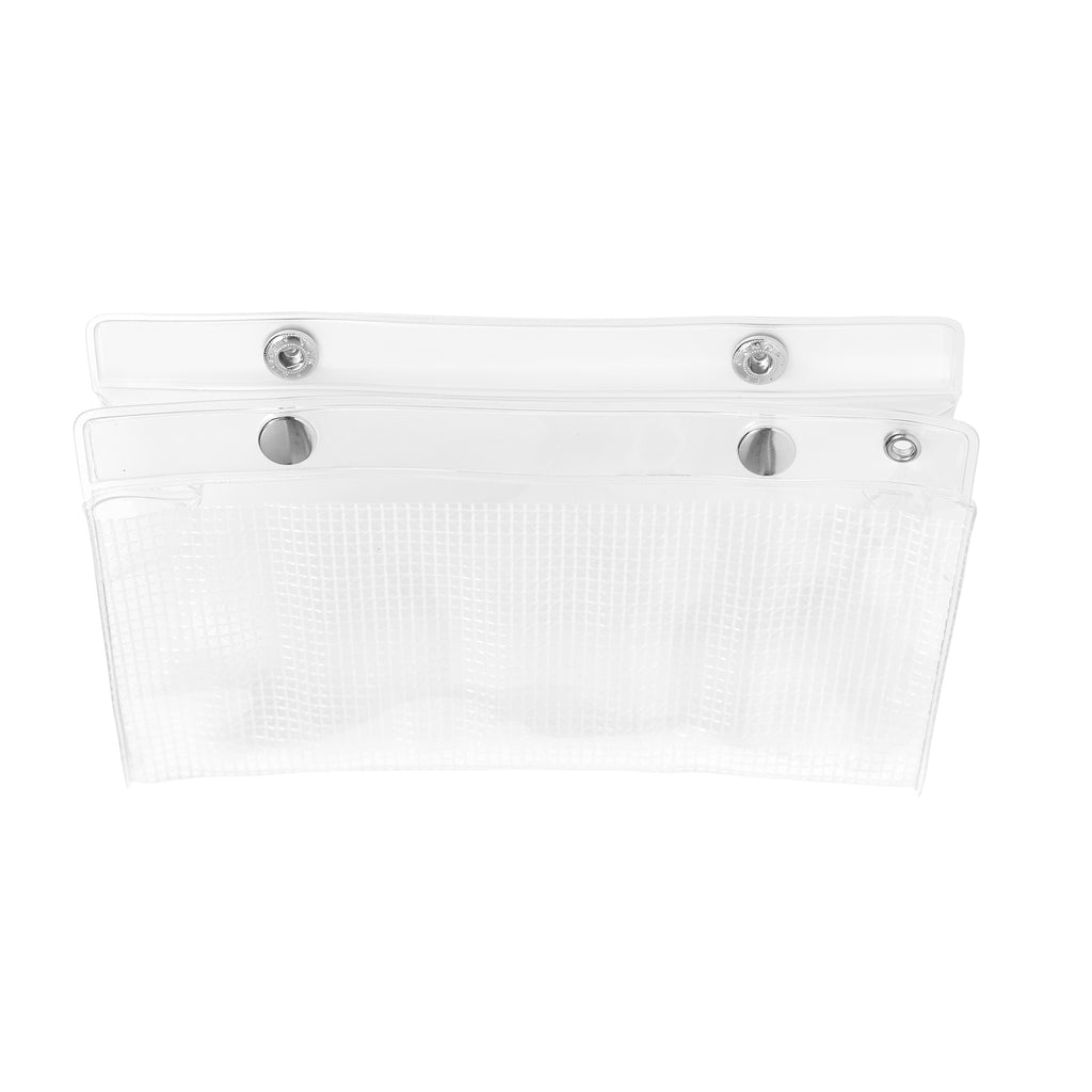 Empty pouch displayed on a white background. It is viewed from above and the button clasps are undone, showing the pouch slightly open. 