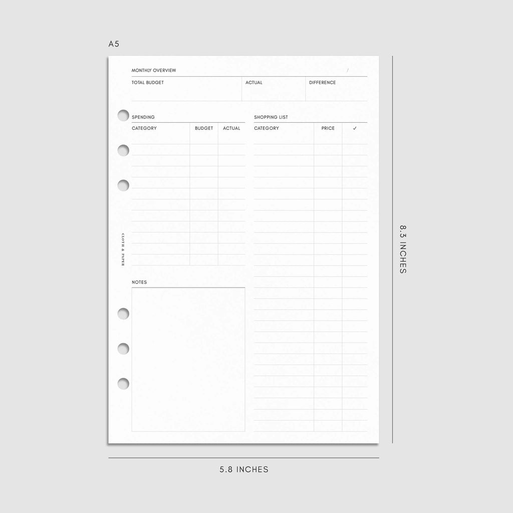 Digital mockup of the Financial Planning Insert | Second Edition showing sections for the monthly overview. Size shown is A5.