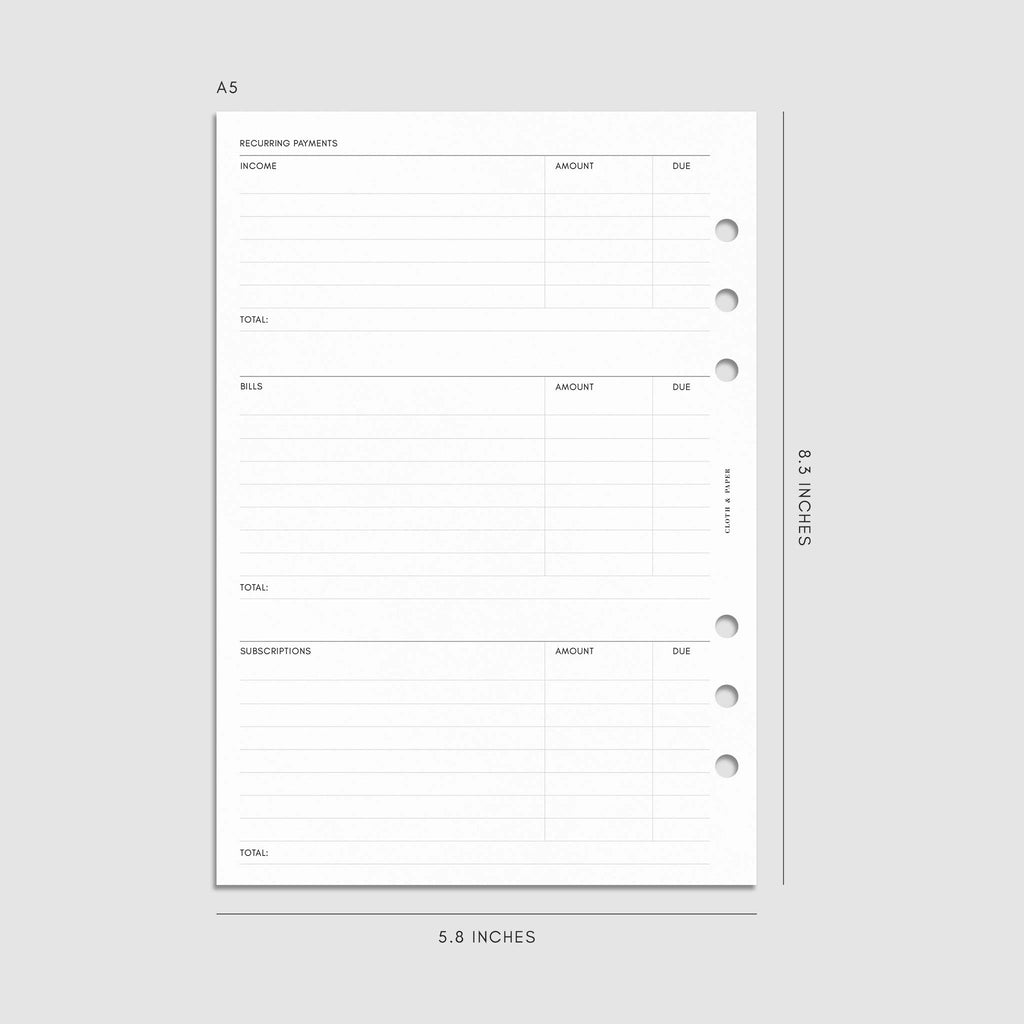 Digital mockup of the Financial Planning Insert | Second Edition showing sections for recurring payments. Size shown is A5.