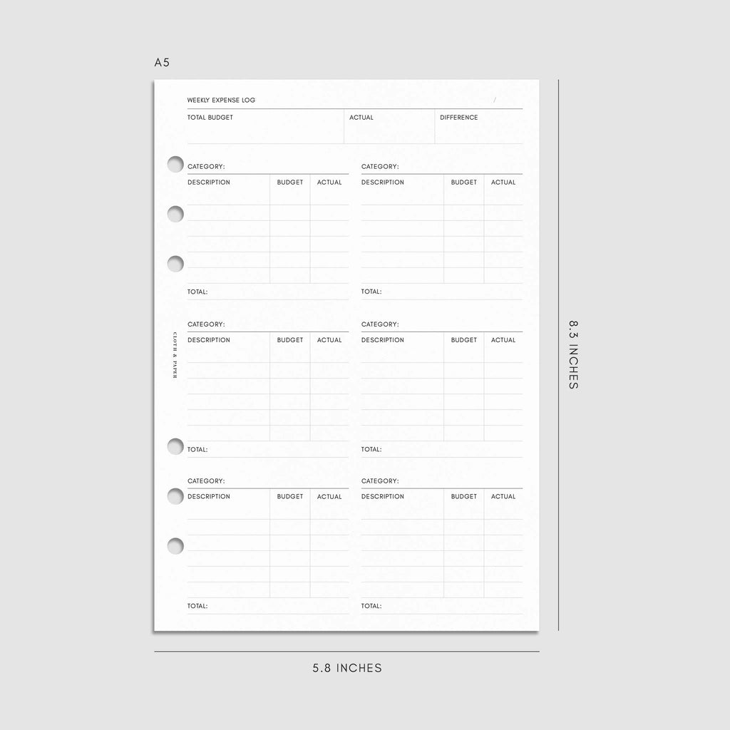 Digital mockup of the Financial Planning Insert | Second Edition with sections for the weekly expense log. Size shown is A5.