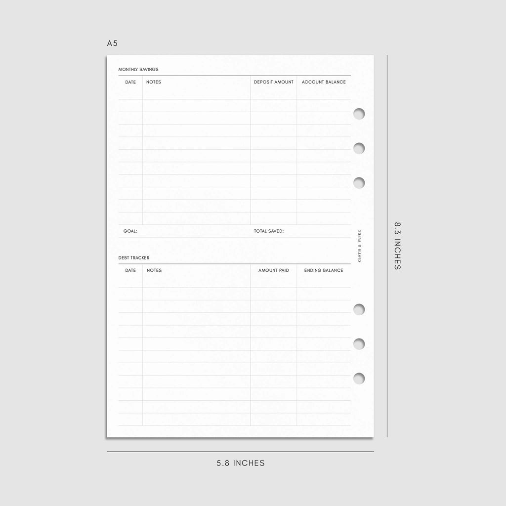 Digital mockup of the Financial Planning Insert | Second Edition with sections for the monthly savings. Size shown is A5.