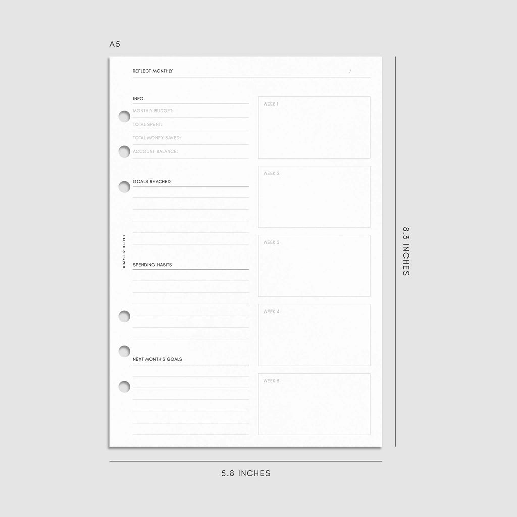 Digital mockup of the Financial Planning Insert | Second Edition with sections for the monthly reflection. Size shown is A5.