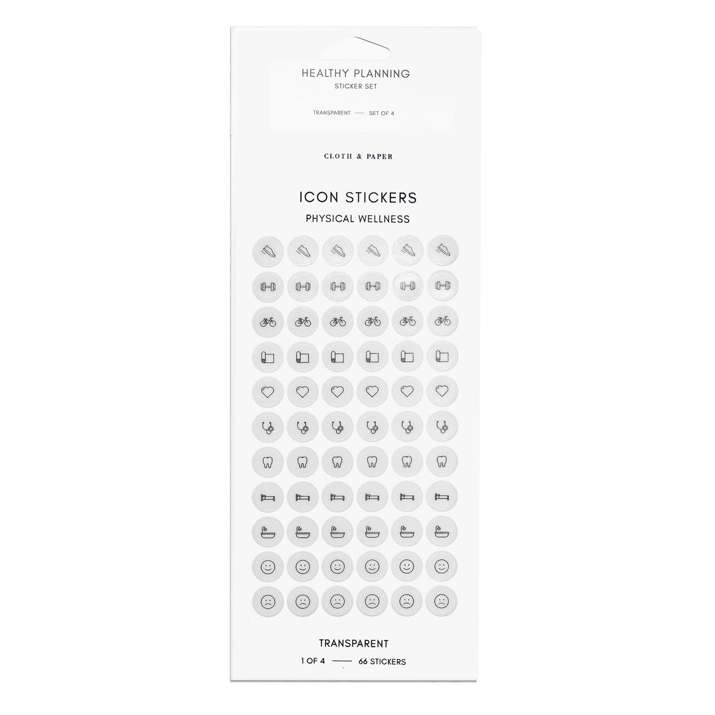 Grey physical wellness sticker sheet displayed on a white background. 