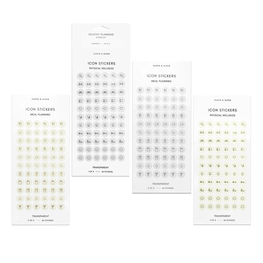 Healthy Planning Sticker Set, Cloth and Paper. Four sets of sticker sheets - meal planning and physical wellness shown in beige and grey - displayed parallel to each other on a white background.