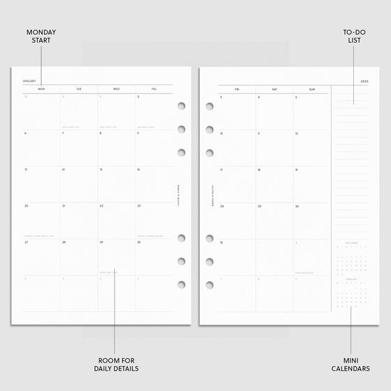 Digital mockup of the 2025 Dated Horizontal Weekly Lined Planner Insert | Monday Start showing the monthly calendar spread. The features of the insert are highlighted with arrows pointing to them. Size shown is A5.