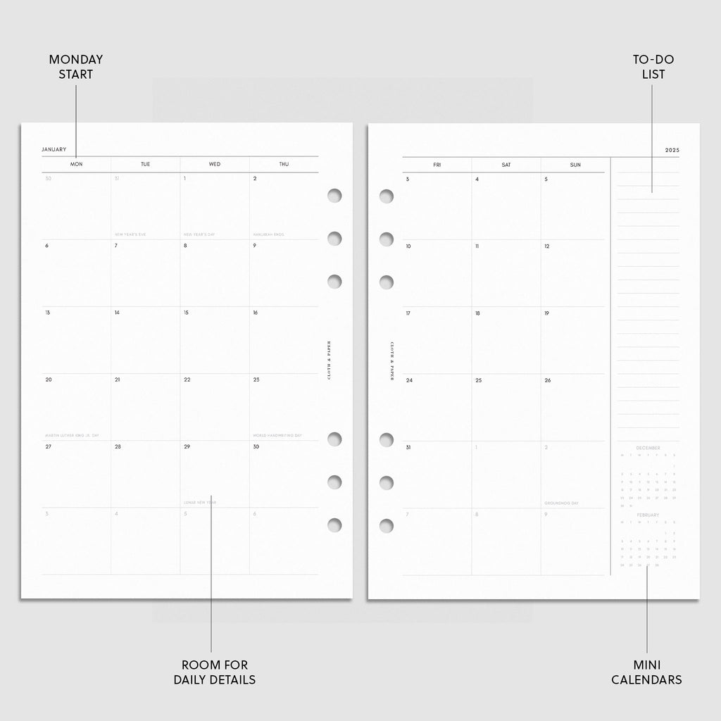 Digital mockup of the 2025 Dated Horizontal Weekly Lined Planner Insert | Monday Start showing the monthly calendar spread. The features of the insert are highlighted with arrows pointing to them. Size shown is A5.