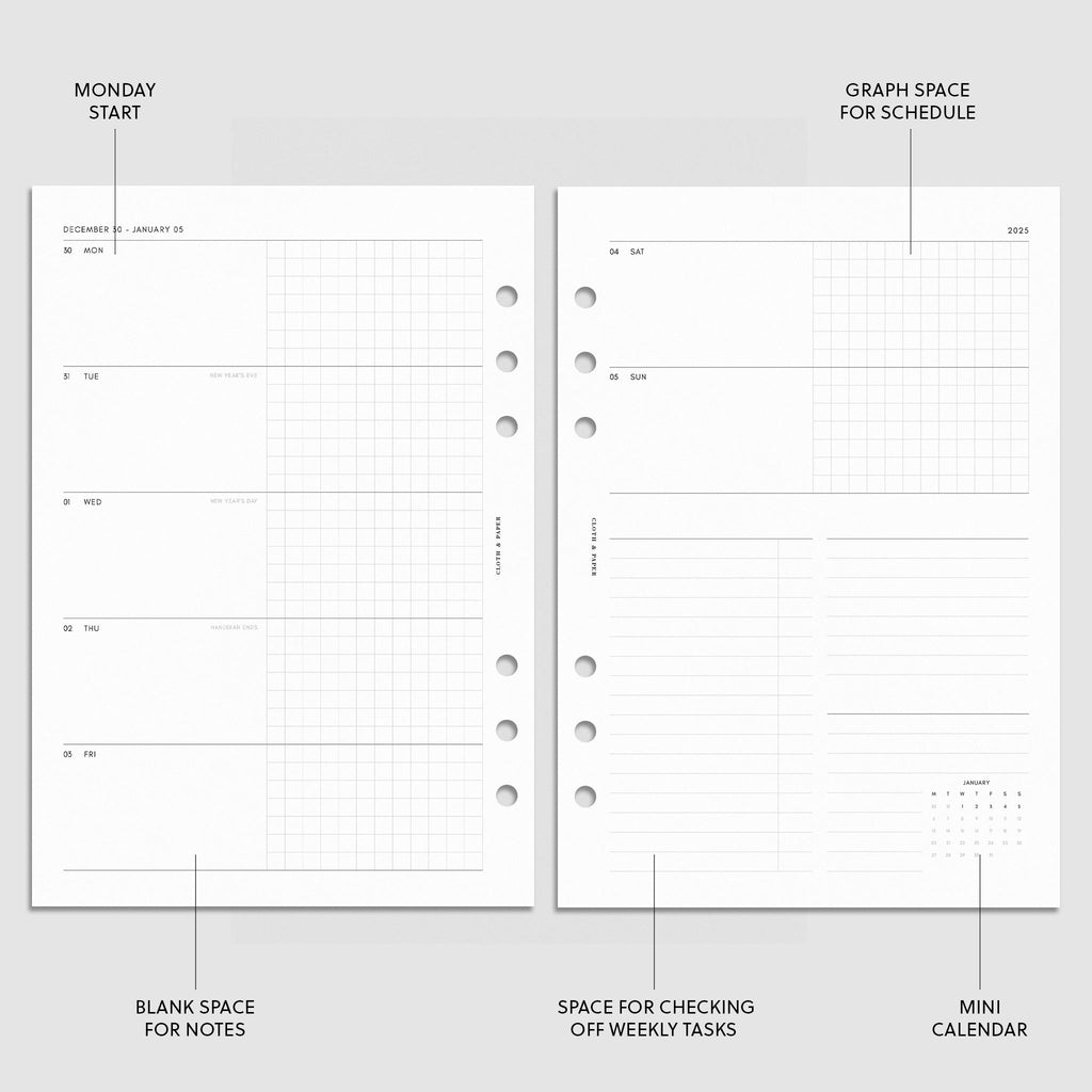 Digital mockup of the 2025 Dated Horizontal Weekly Lined Planner Insert | Monday Start showing the horizontal weekly spread with sections for tasks, notes, the schedule, and a mini calendar. The features of the insert are highlighted with arrows pointing to them. Size shown is A5.
