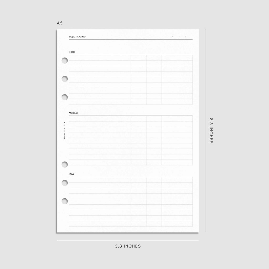 Digital mockup of the Kanban Task Tracker Planner Inserts showing sections for high, medium, and low priority tasks. Size shown is A5.