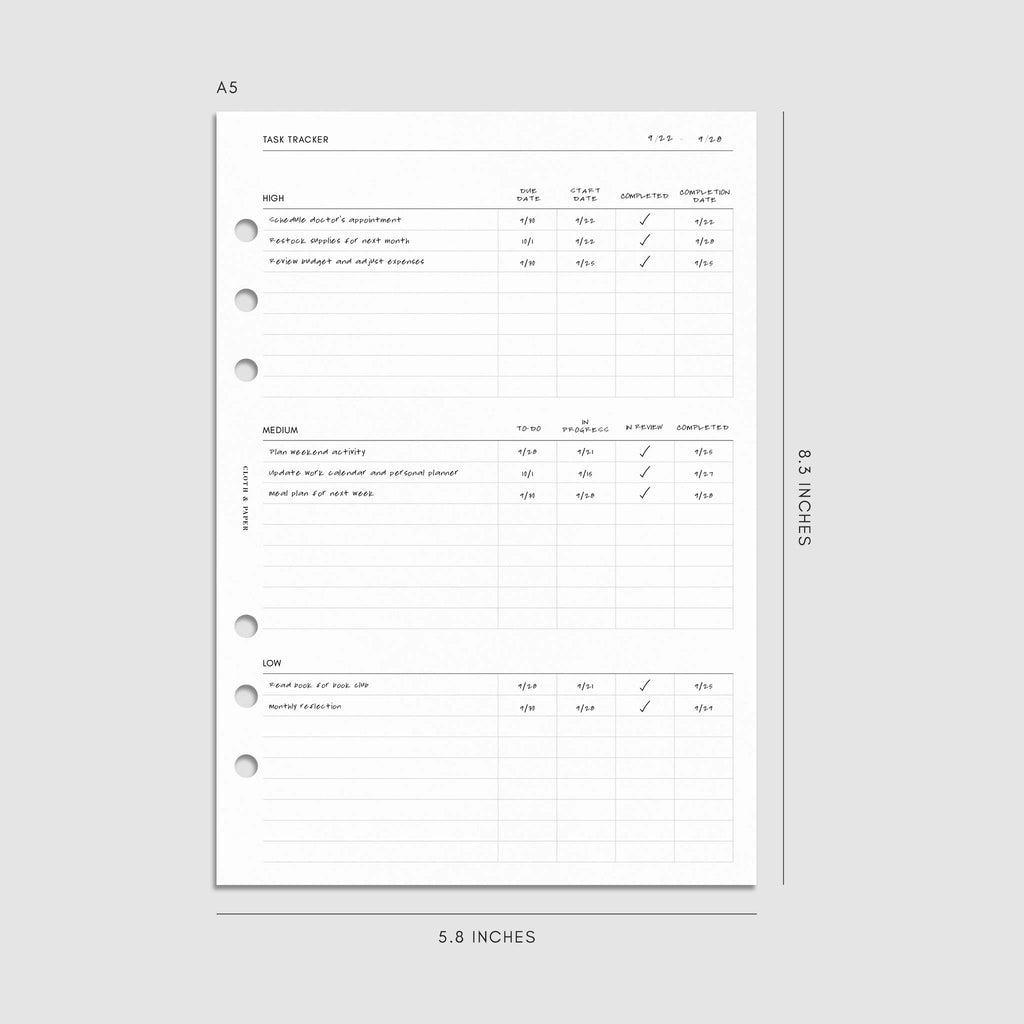 Digital mockup of the Kanban Task Tracker Planner Inserts with examples. Size shown is A5.