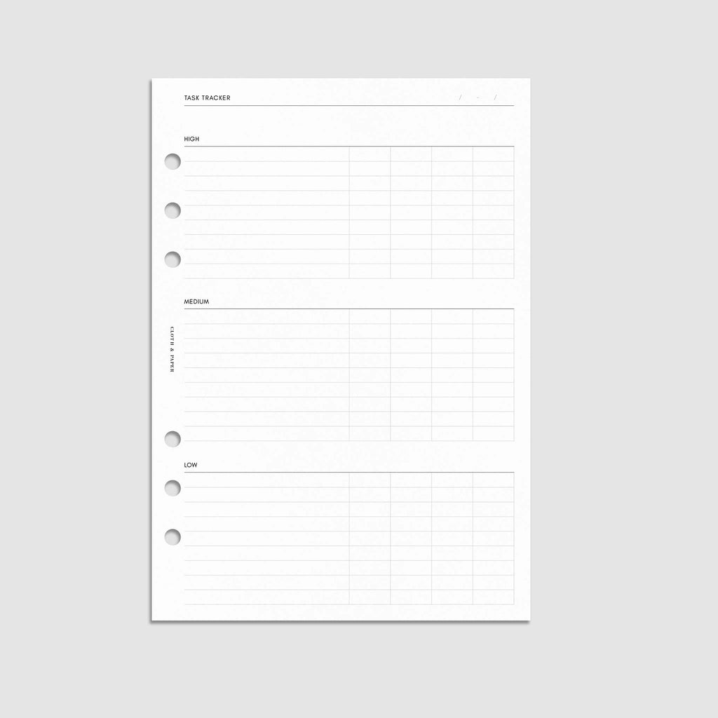 Digital mockup of the Kanban Task Tracker Planner Inserts showing sections for high, medium, and low priority tasks. Size shown is A5.